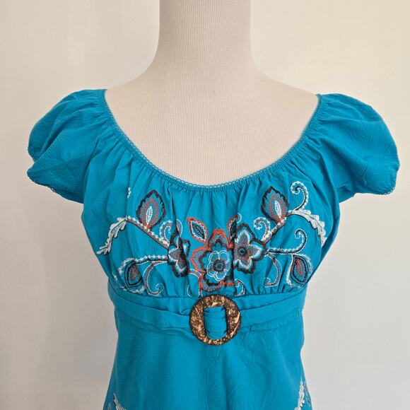 Vintage Y2K Floral Embroidered Peasant Blouse Blue Puff Fairy Women Medium - Picture 4 of 10